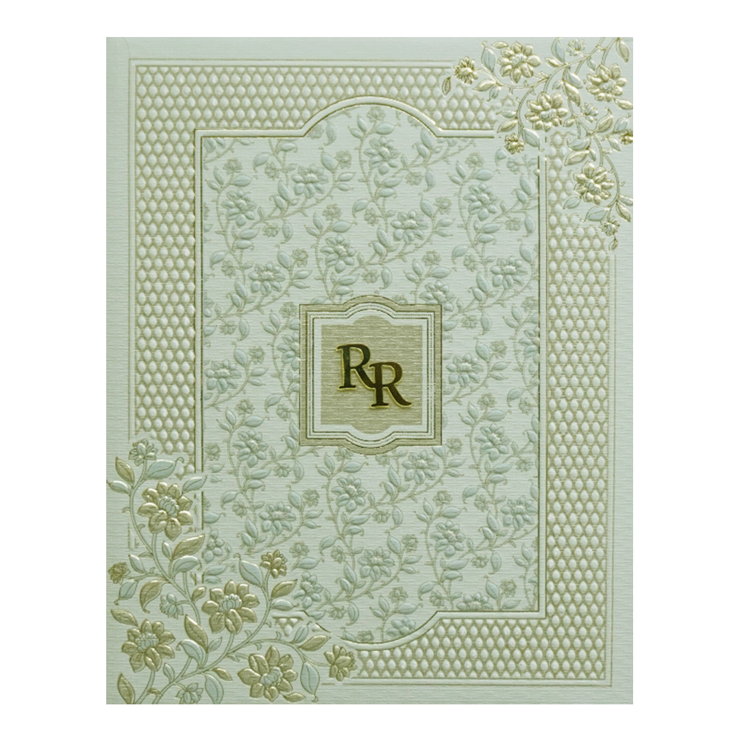 Beige Grey Floral Embossed Classic Wedding Card - KMMWD1109