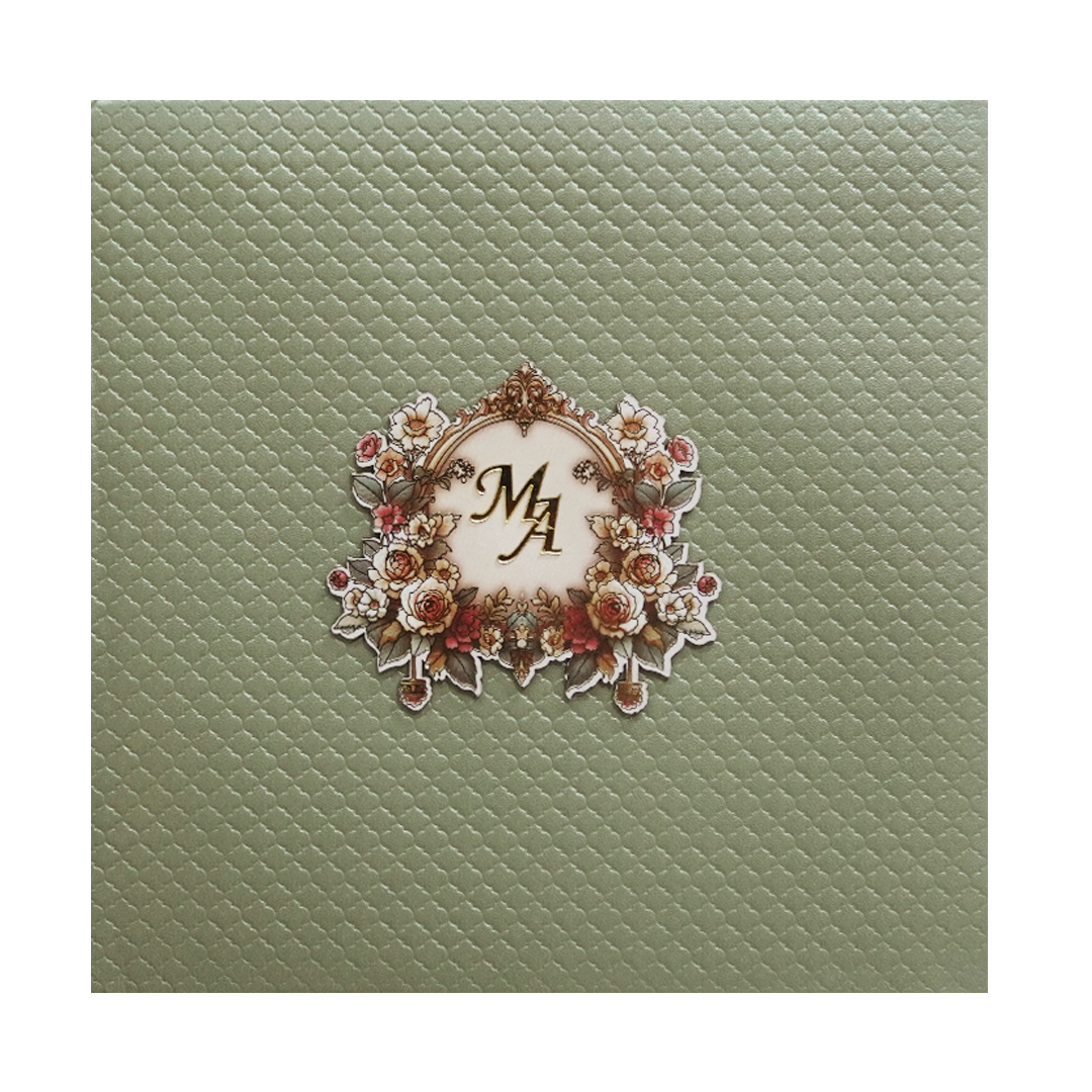 Metallic Green Quilted Floral Monogram Wedding Card - KMMWD1127