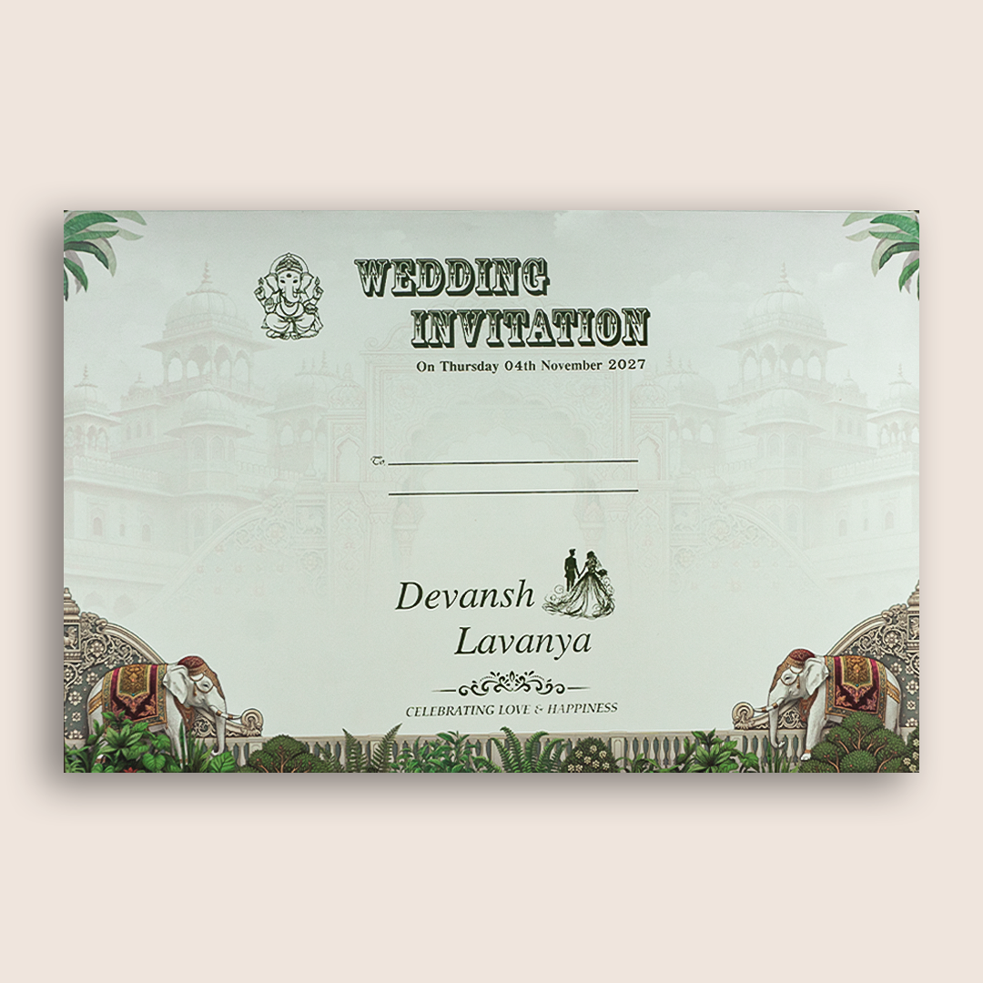White Elephant Kamadhenu Padded Wedding Invitation - KSH18120