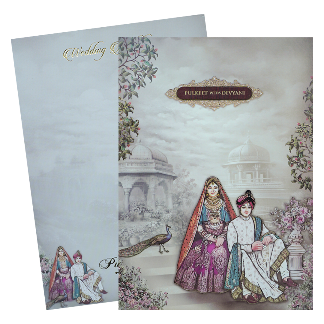 Cream Maharaja Couple Padded Wedding Card-KJTS1816