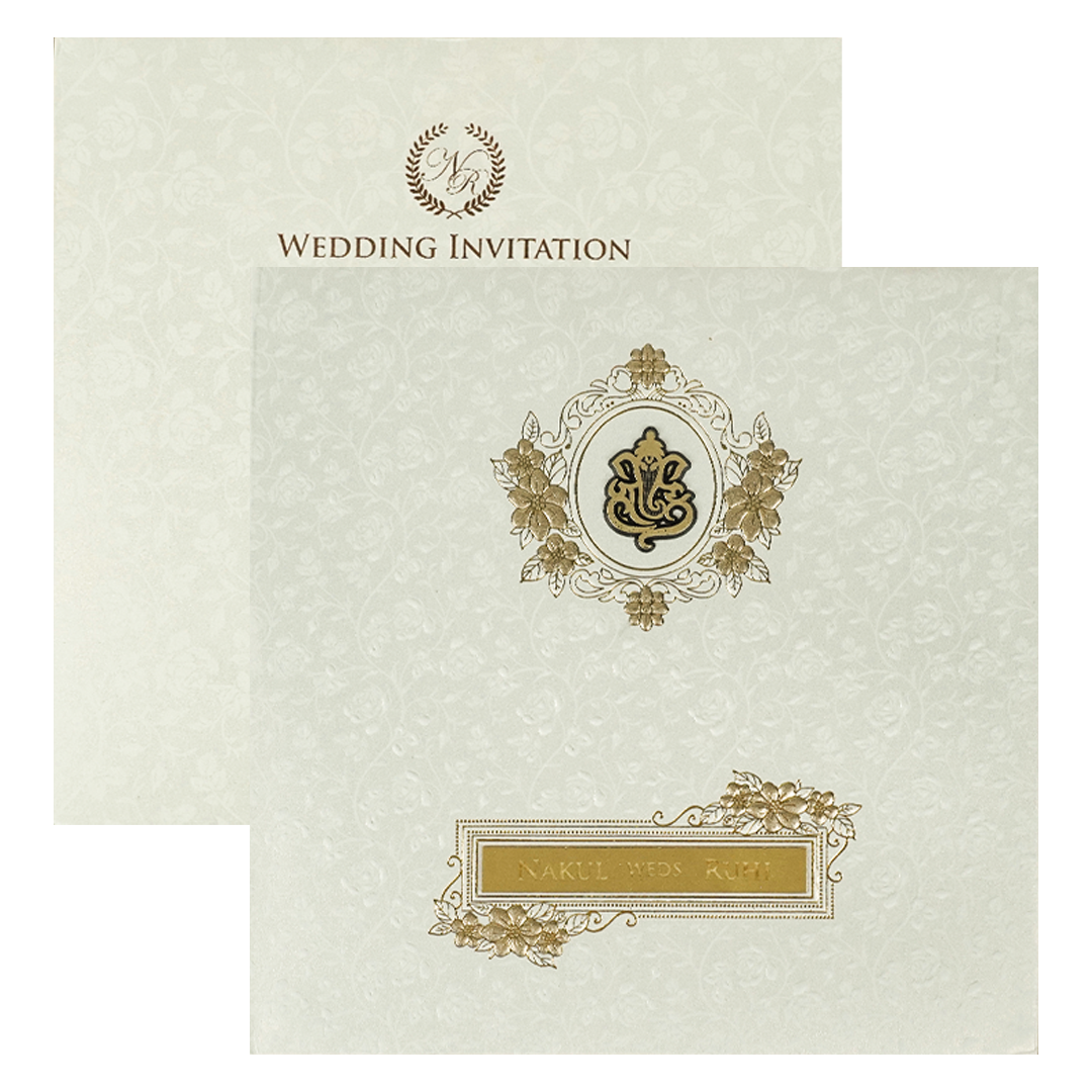 White Floral Ganesha Padded Wedding card-KRE28290