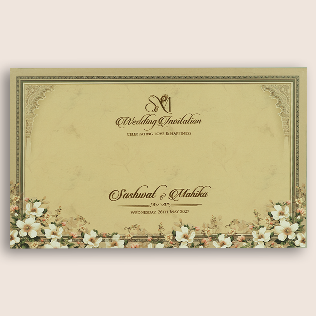 Beige Floral Padded Wedding Card - KRE28820