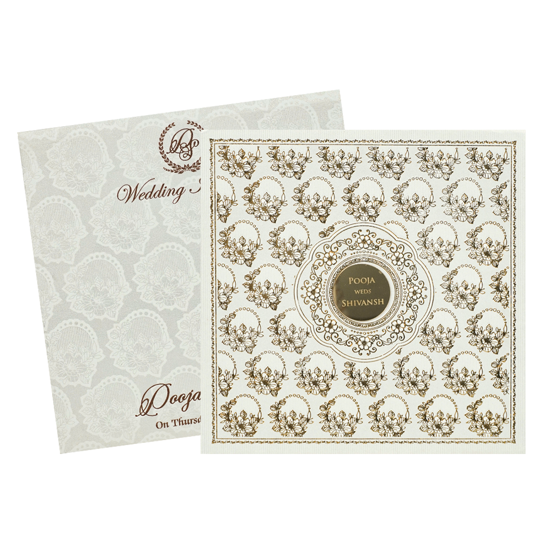 White Gold Floral Padded Wedding Card-KRE27570