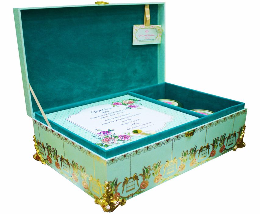 Light Green Ultra Premium Parrot Design Wedding Card -KNKUP012-King of Cards