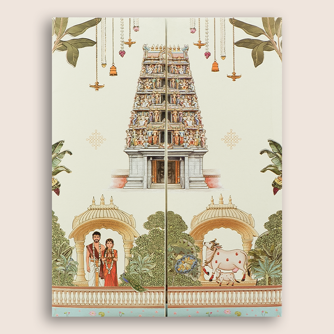 Cream South Indian Temple Door Style Wedding Invitation - KNKJ1167