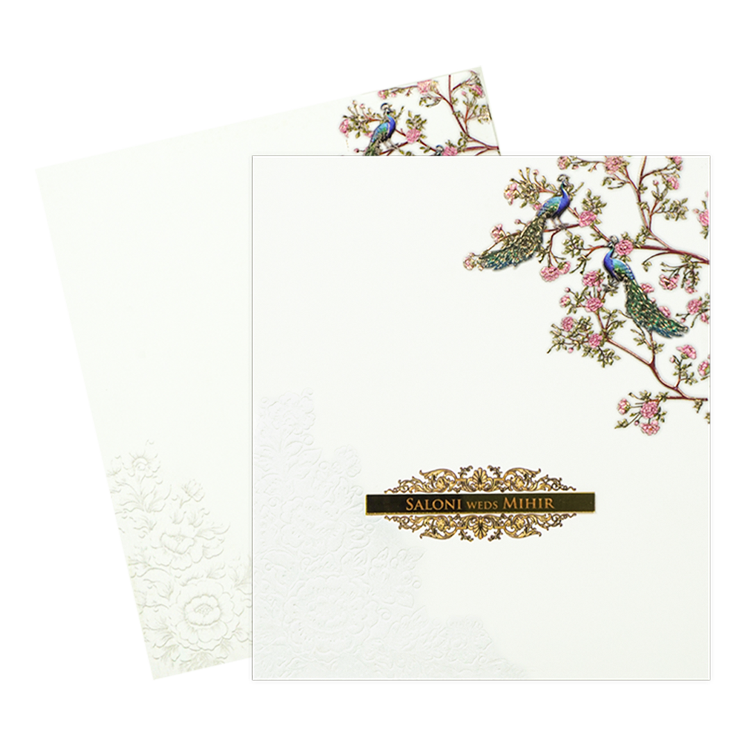 White Padded Floral Peacock Wedding Card - KPR25120