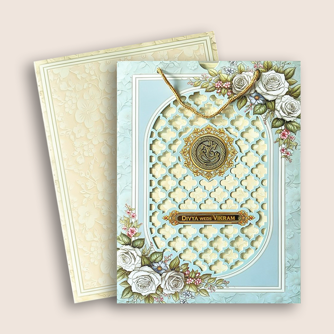 Pastel Blue Laser-Cut Floral Bag Style Wedding Card - KNAS3105