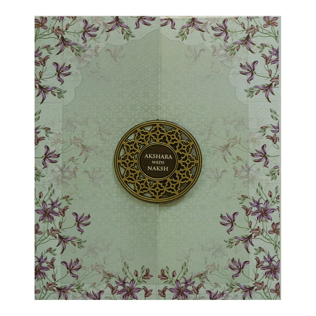Green Purple Floral Circular Nameplate Wedding Card - KVN07620