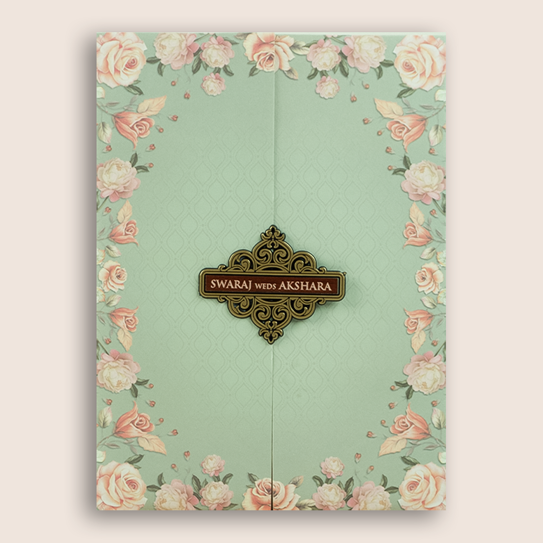 Green Rose Floral Door Style Wedding Card - KVN07240