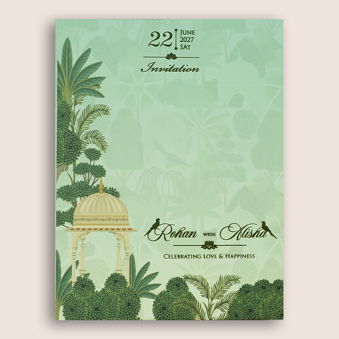 Pastel Green Jharokha Door Style Padded Wedding Card - KFR16420