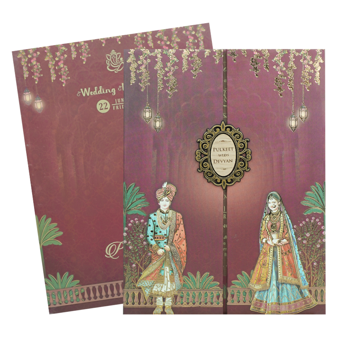 Maroon Bride Groom Padded Wedding Card-KJTS1835