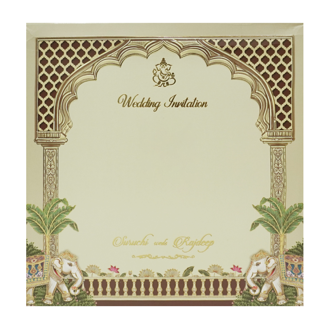 Cream Brown Laser Cut Padded Royal Elephant Arch Wedding Card - KMMEX8050