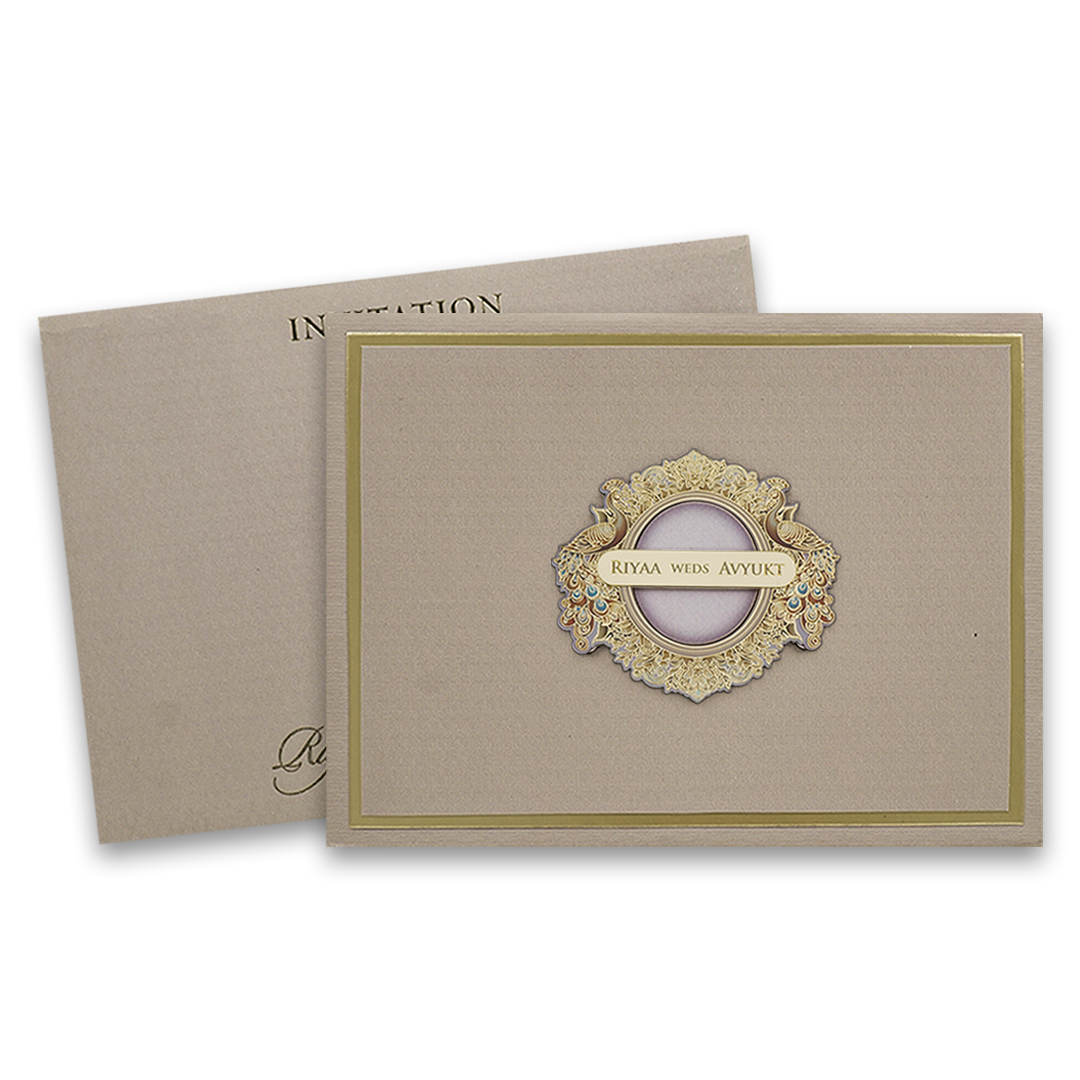 Beige Padded Peacock Premium Wedding Card - KRC31590