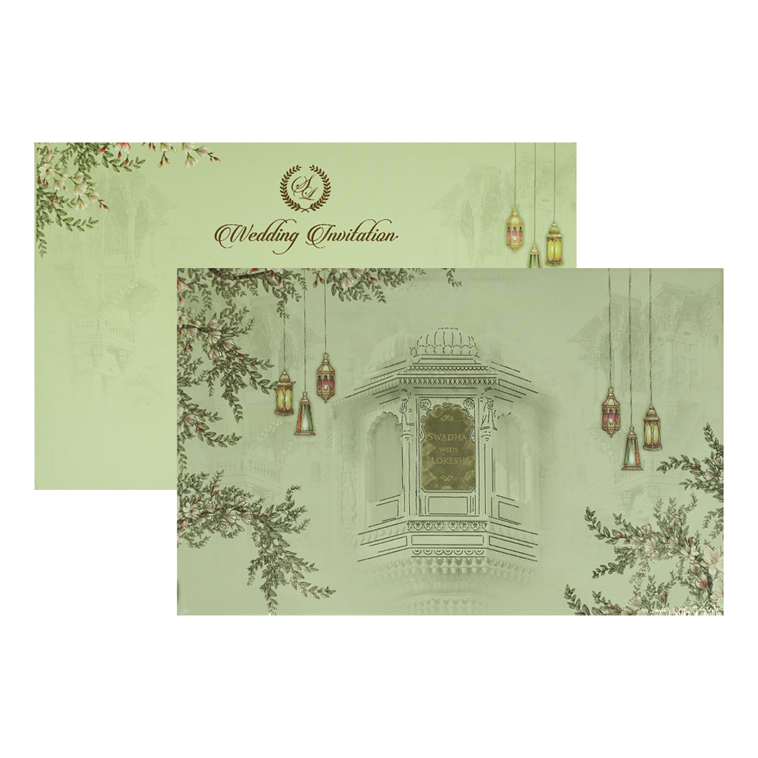Check out Pista Green Palace Padded Wedding Card at best price.WhatsApp Support|Express Delivery.