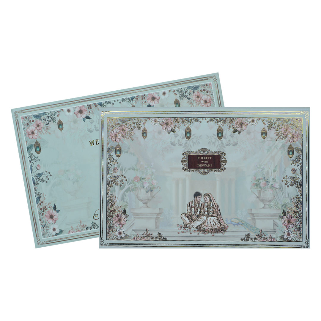 Blue Couple Floral Padded Wedding Card-KJTS1827