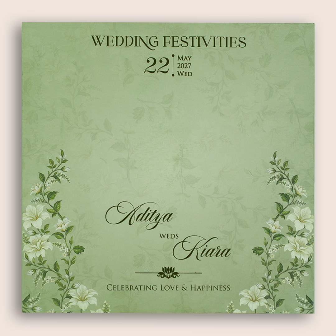 Green Embossed Lilly Flower Door Style Wedding Card - KFR17170