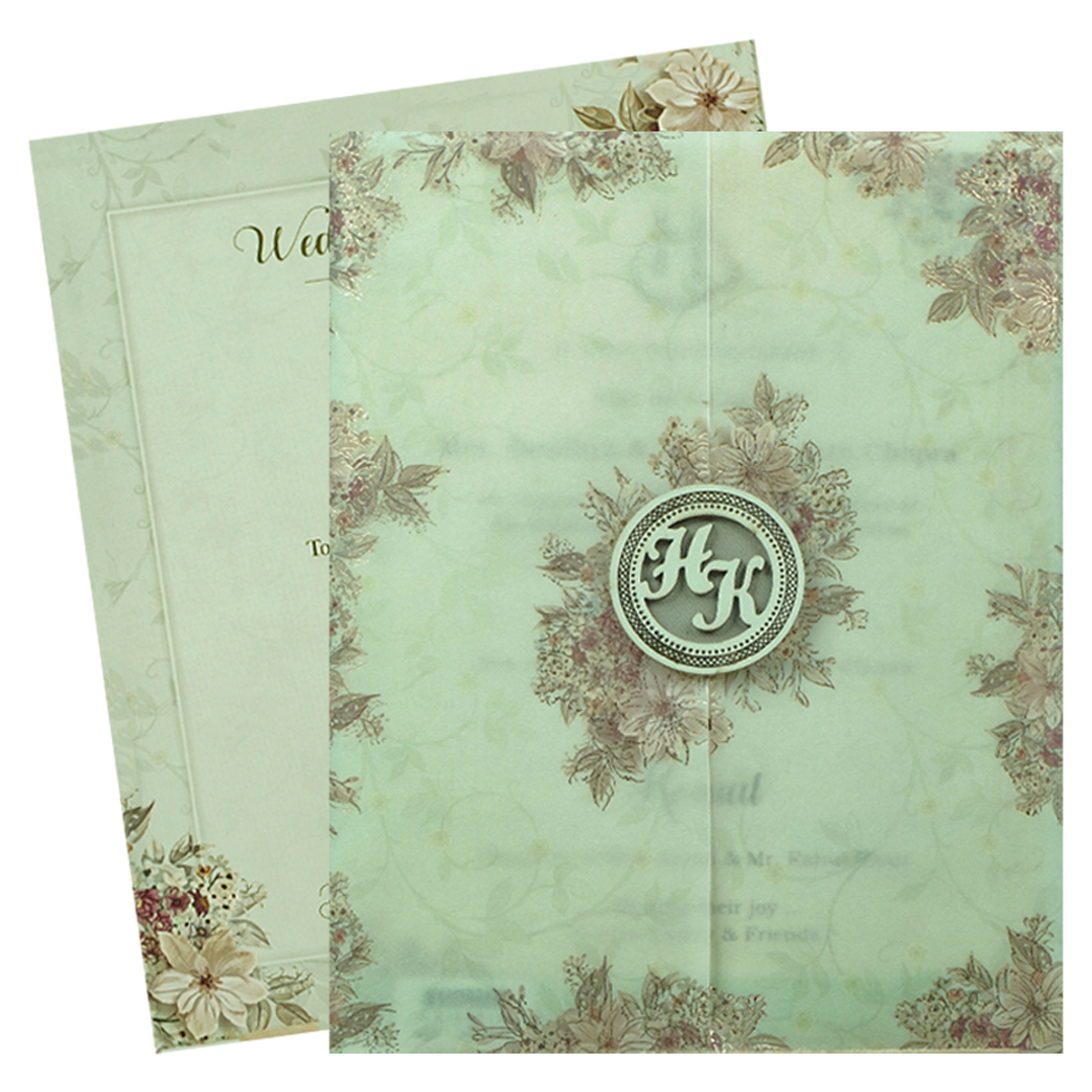 Green Ivory Floral Wedding Card-KSI64810
