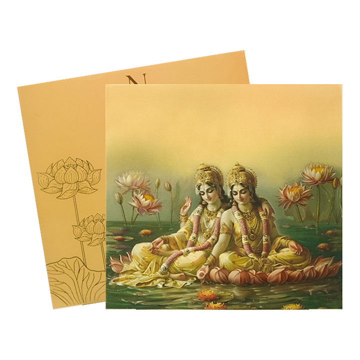 Gold Vishnu Lakshmi Lotus Padded Wedding Card-KBM05170