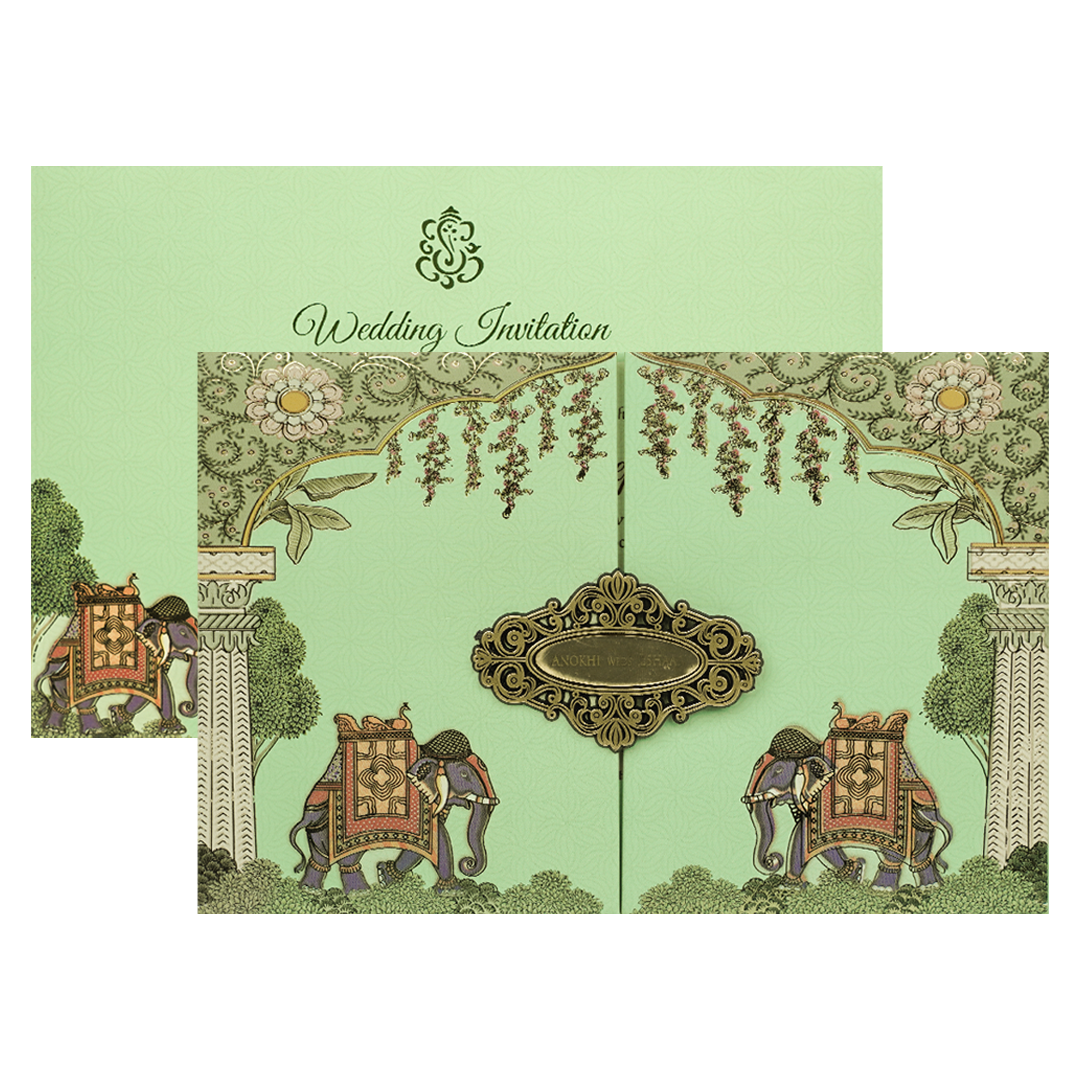 Green Royal Elephant Padded Wedding Card-KJTS3671