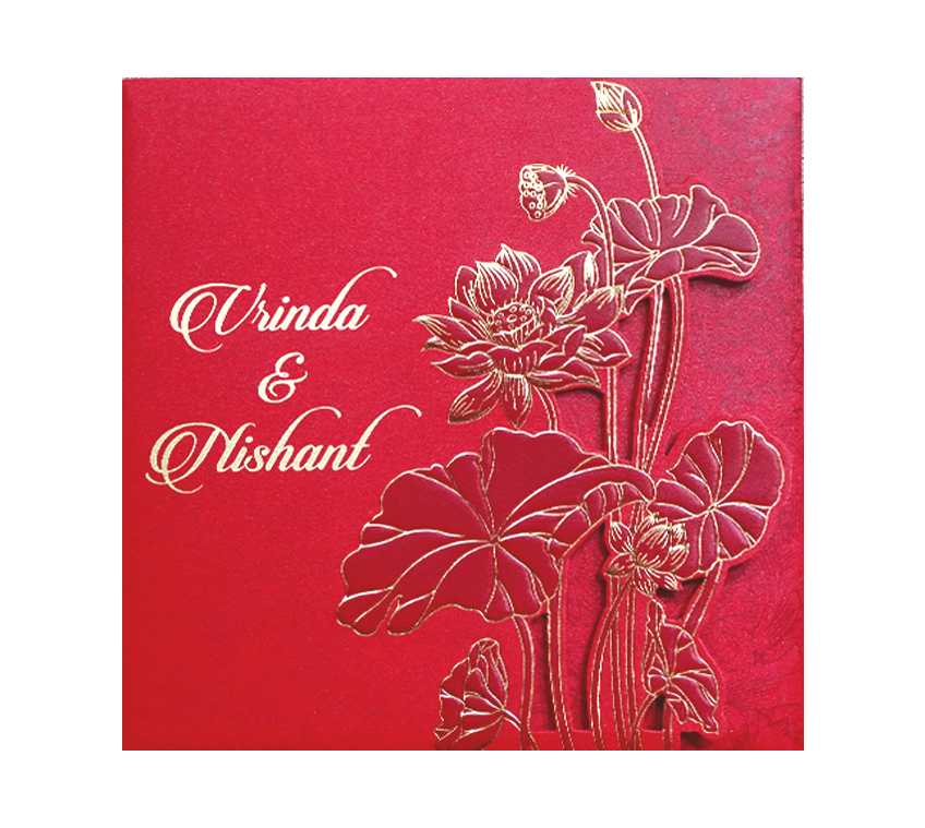 Red Lotus Laser Cut Door Style Wedding Card-KPR06110