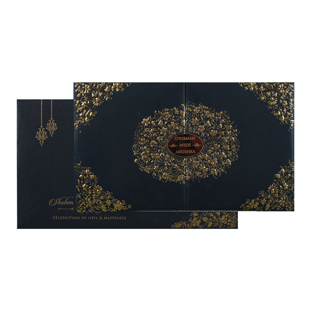 Black Gold Floral Padded Wedding Card-KRB09331