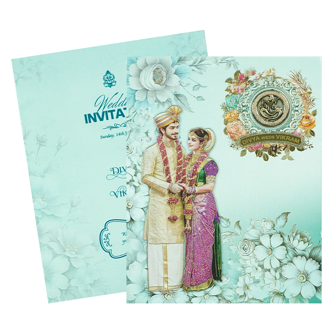 Blue Floral Couple Padded Wedding Card-KNMO9314