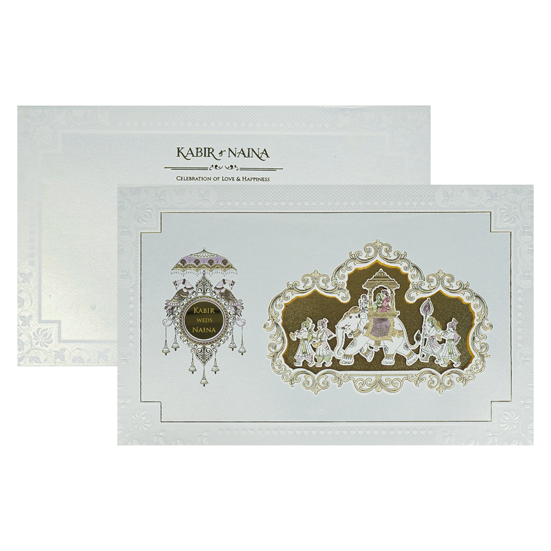 Check out White Gold Barat Padded Wedding Card at best price.WhatsApp Support|Express Delivery|King of cards.