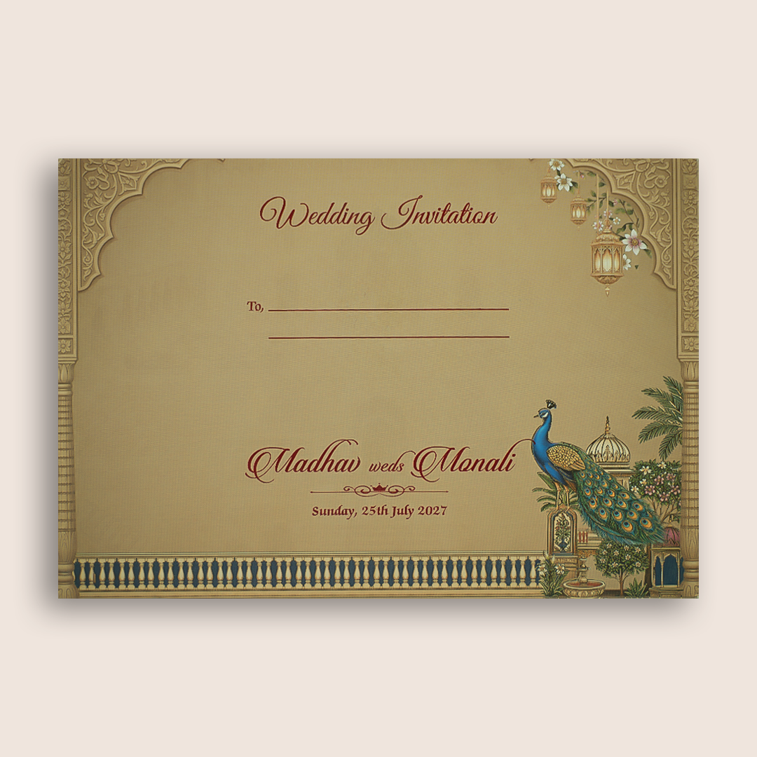 Beige Floral Padded Door Style Wedding Card - KJTS3693