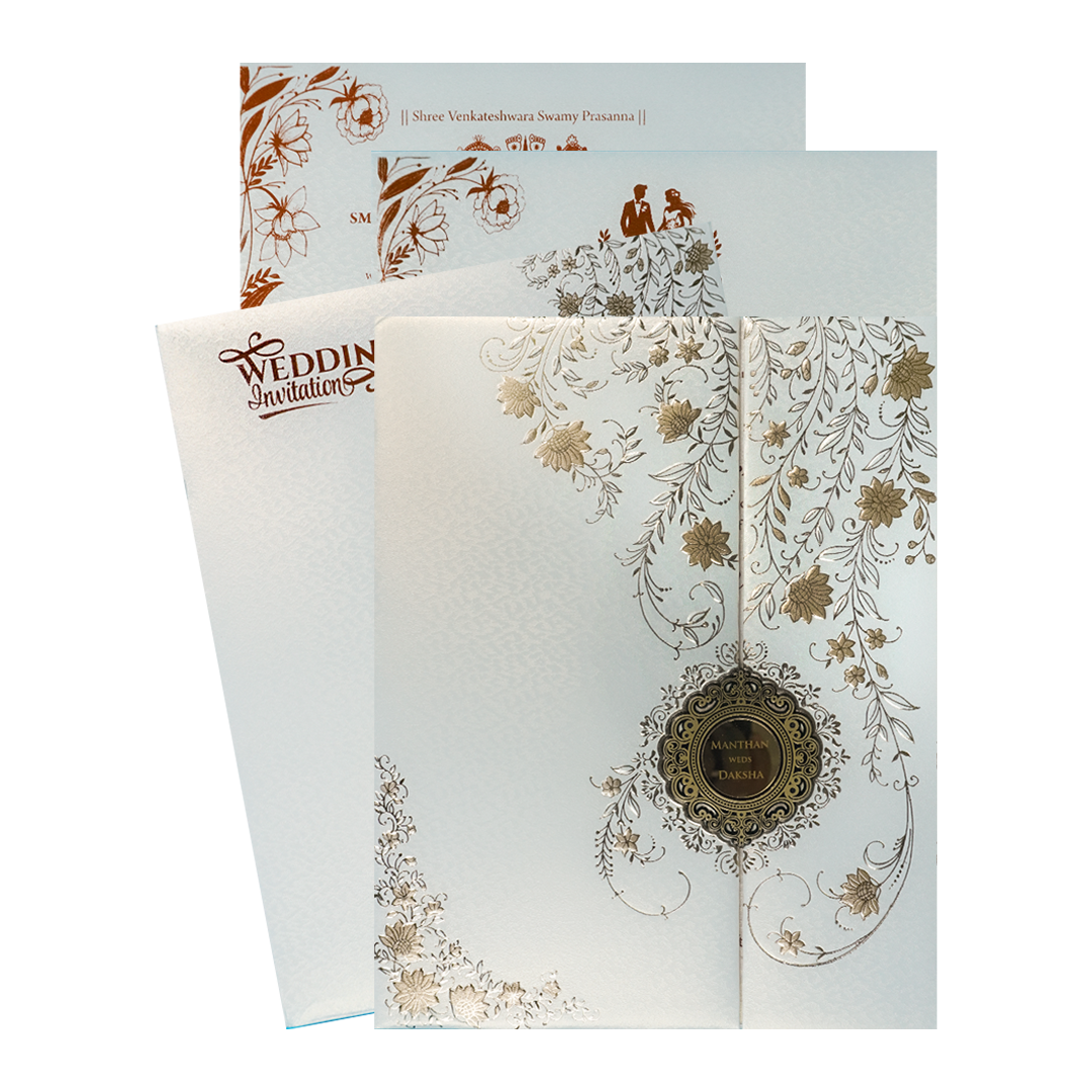 White Gold Floral Padded Wedding Card-KSSC2072