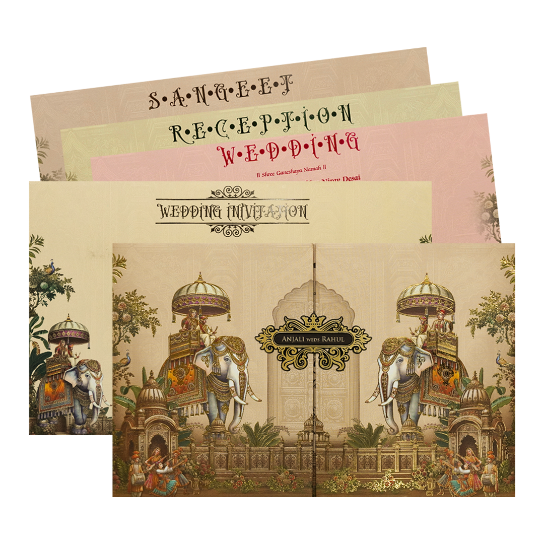 Cream Palace Elephant Padded Wedding Card-KSH72170