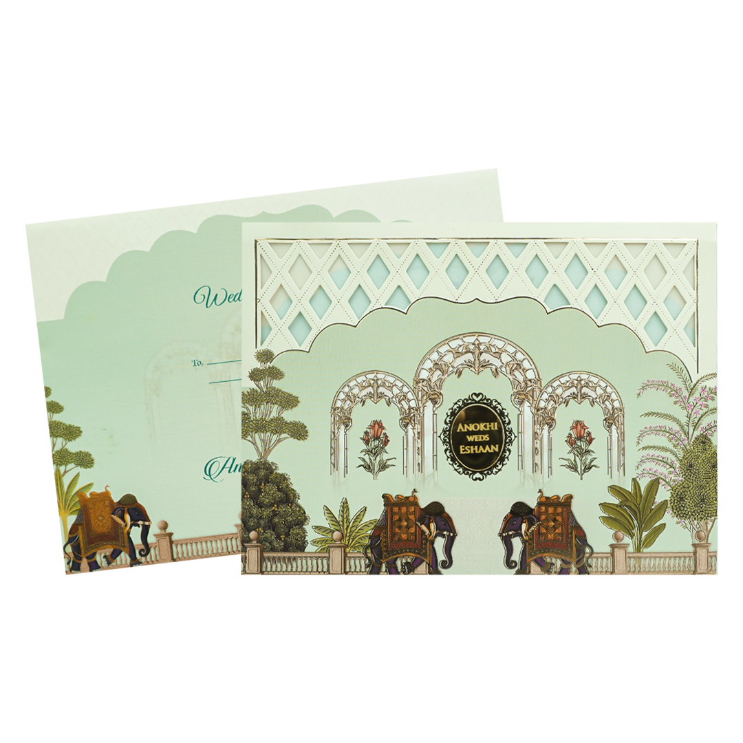 Green Palace Arch Royal Elephant Wedding Card-KJTS3679