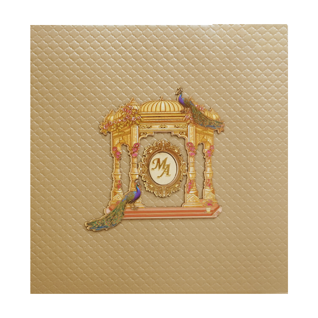 Metalic Gold Laser Cut Palace Padded Wedding Card-KMMWD1129