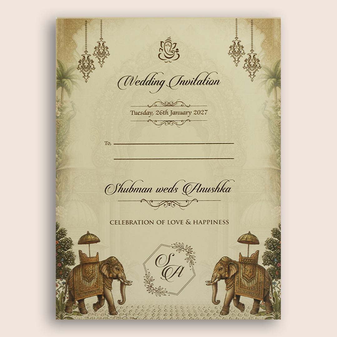 Beige Laser Cut Royal Elephant Floral Padded Marriage Card - KRB10910