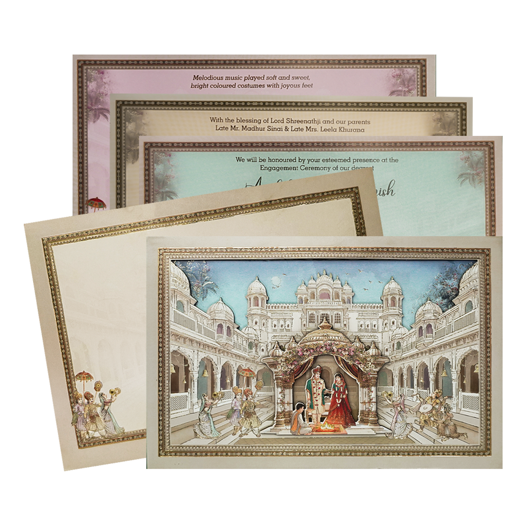 Grey Palace Mandap Padded Wedding Card-KSI64550