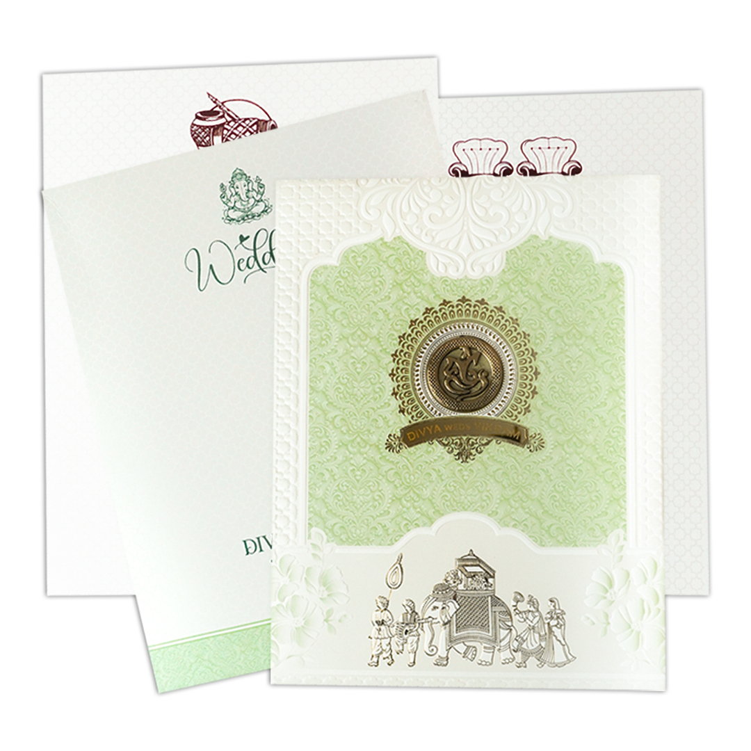 Green Embossed Procession Padded Wedding Card-KNMS9309