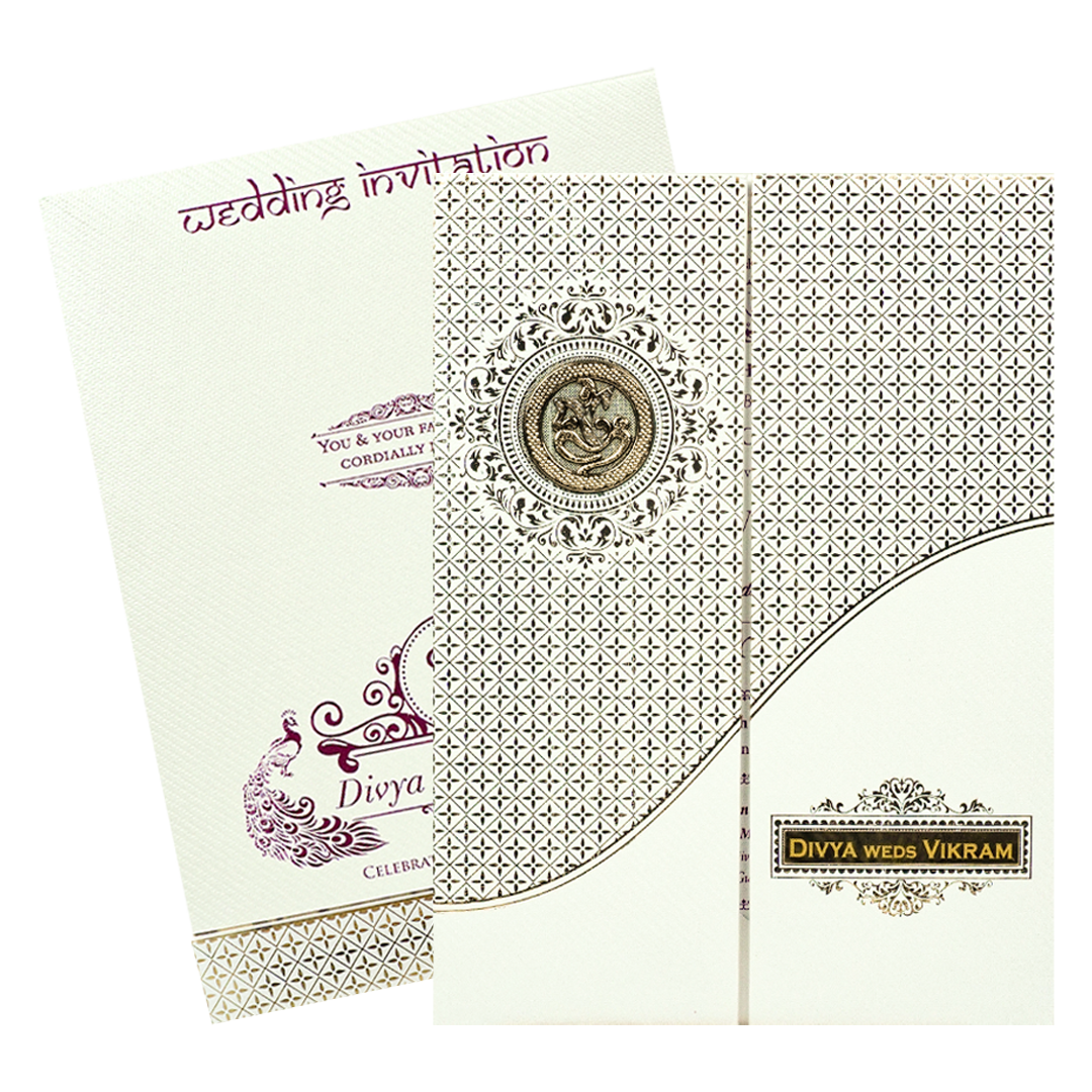 White Gold Floral Padded Wedding Card-KNSW8606