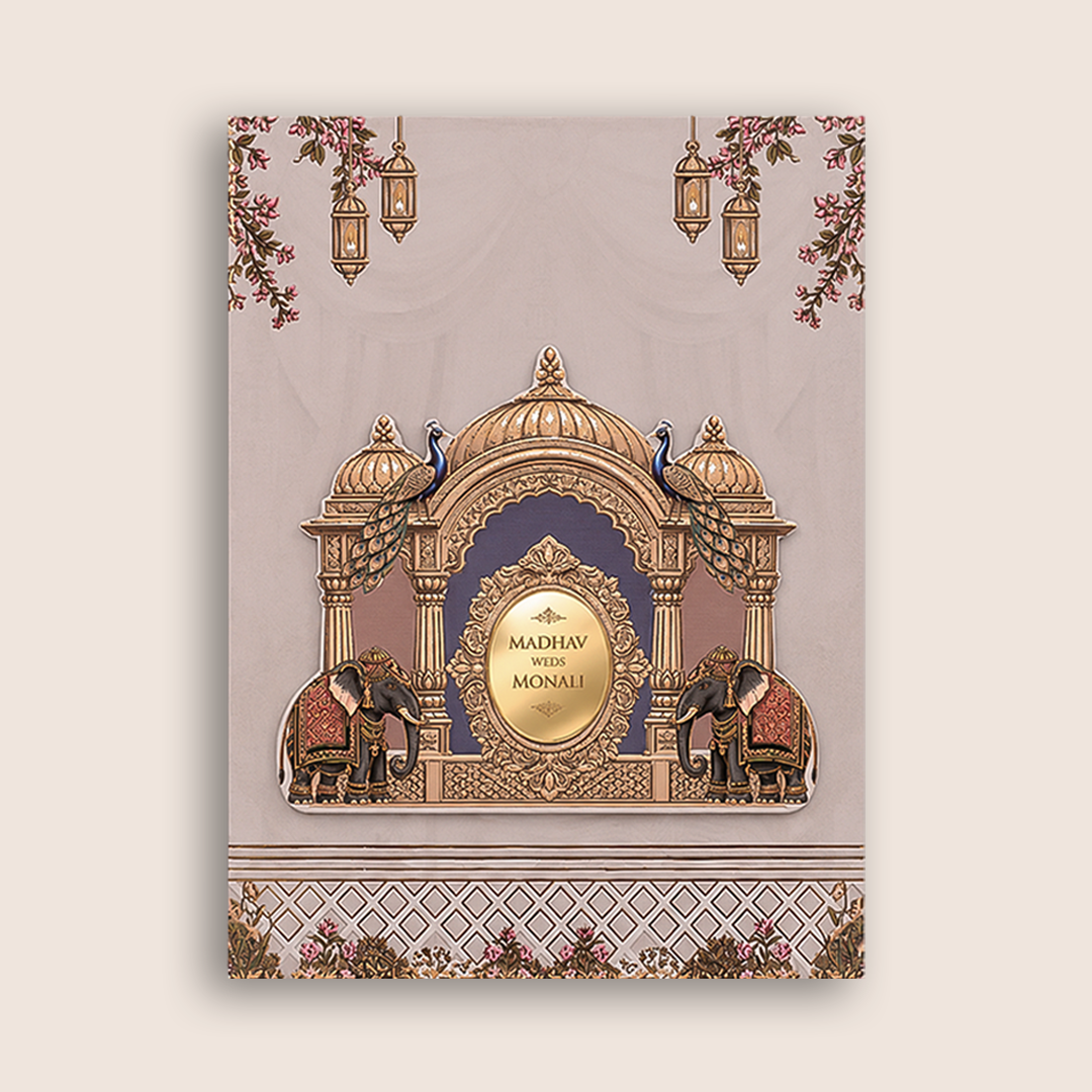 Peach Elephant Floral Padded Wedding Card - KJTS3703