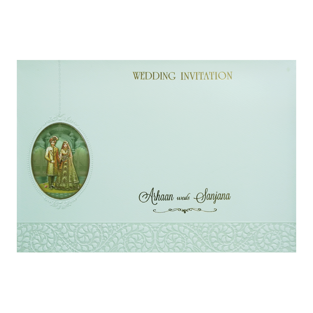 Green Bride & Groom Lasercut Palace Padded Wedding Card - KMMEX8100