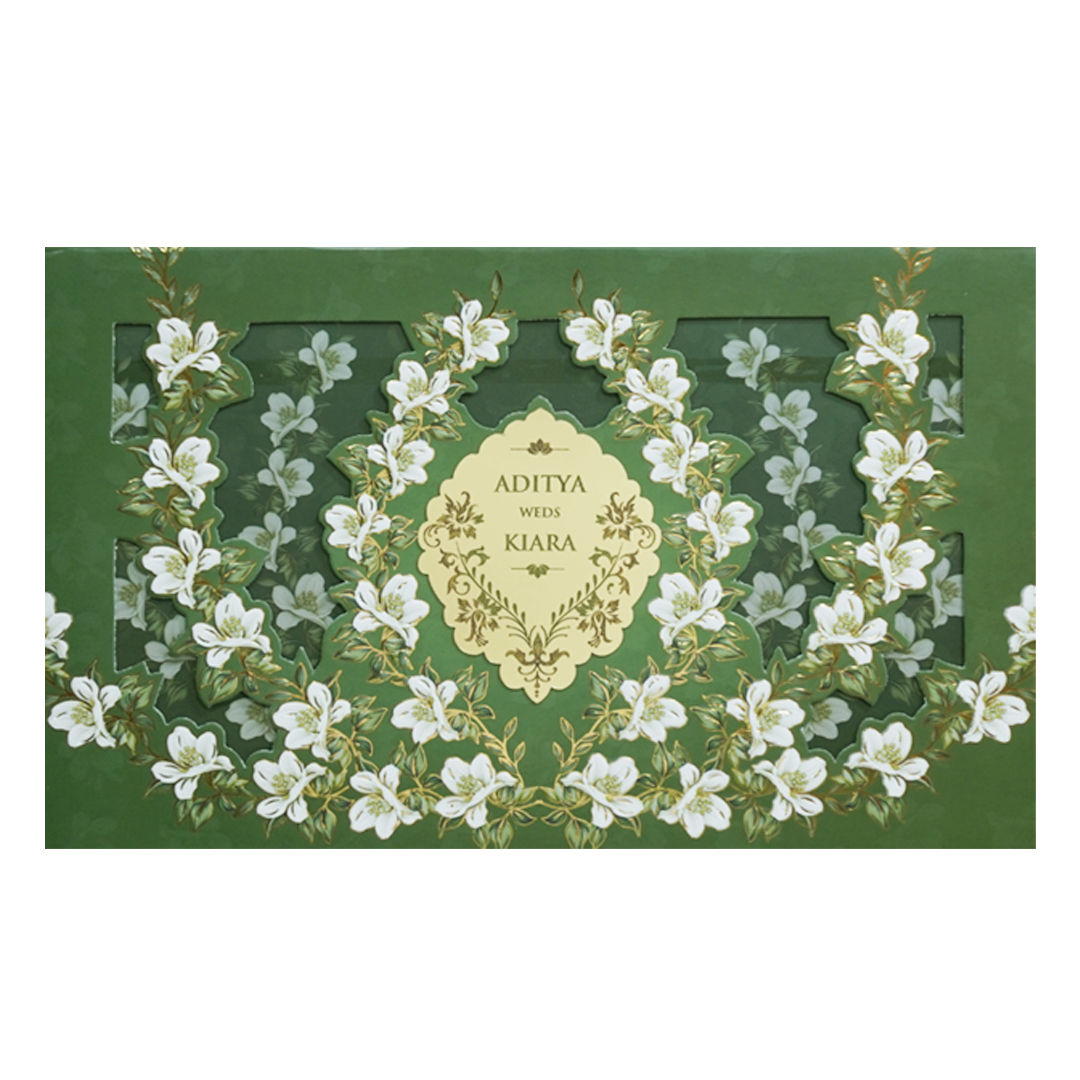Elegant Green Floral Laser Cut Wedding Card - KFR16300