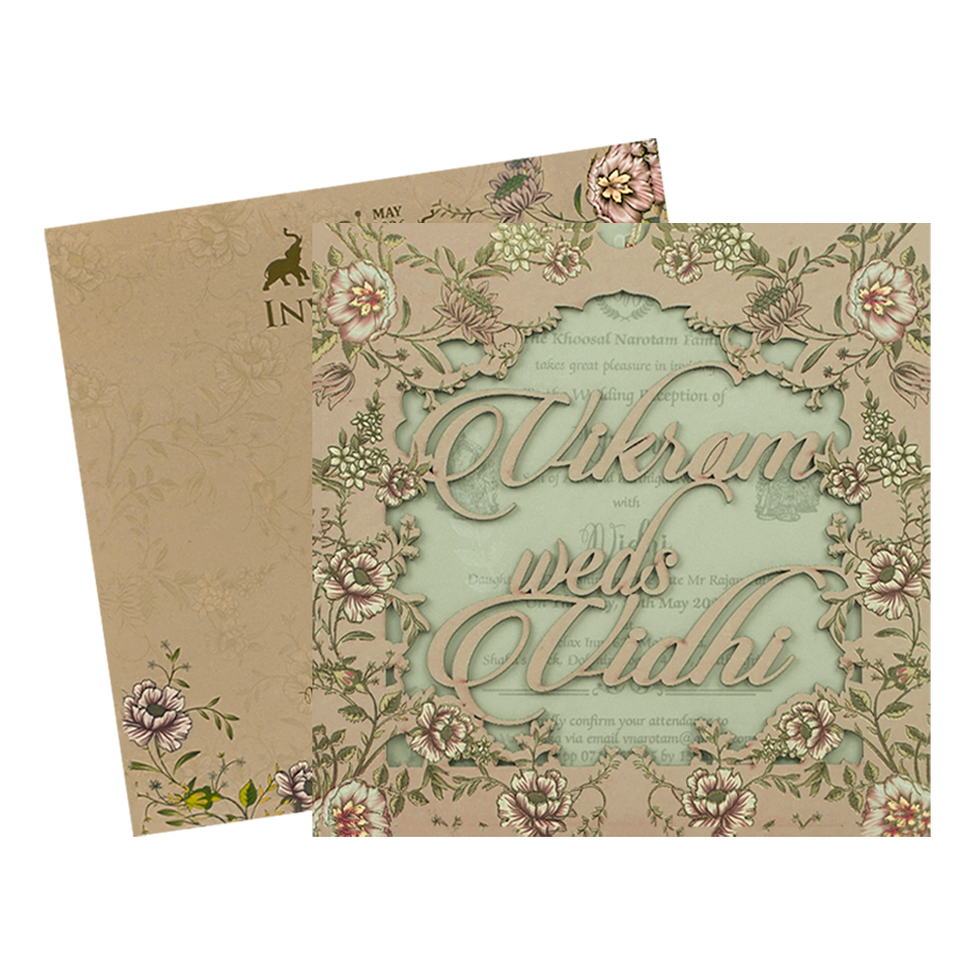 Cream Floral Cutout Script Wedding Card-KRE27300