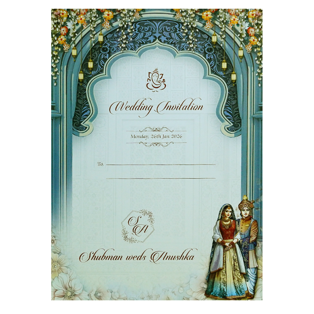 Elegant Blue Doorstyle Wedding Card-KRB09030