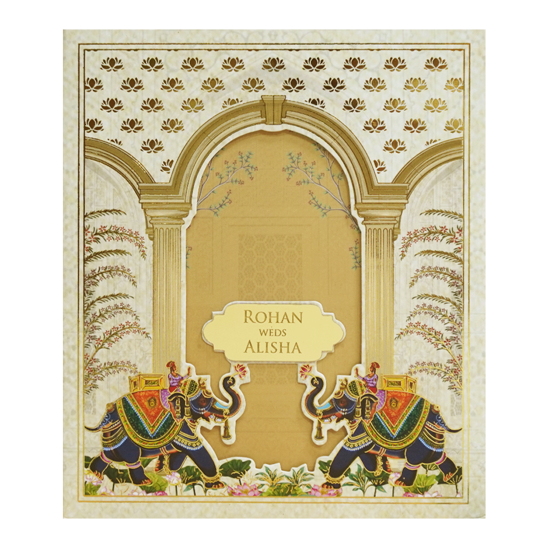 Gold Cream Royal Elephant Arch Wedding Card - KFR16370