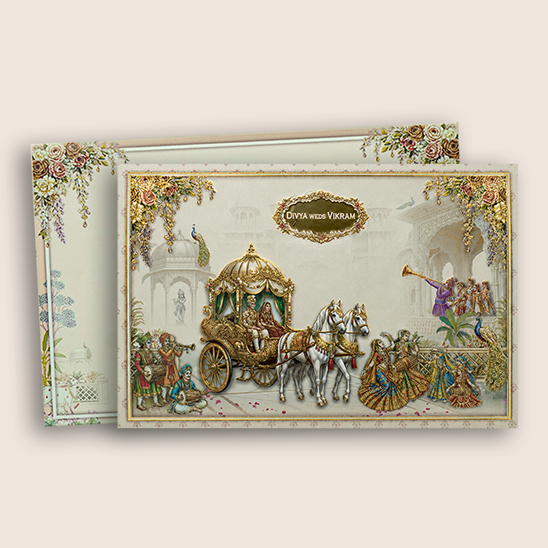 Cream Royal Horse Baraat Wedding Card - KNKT1901C