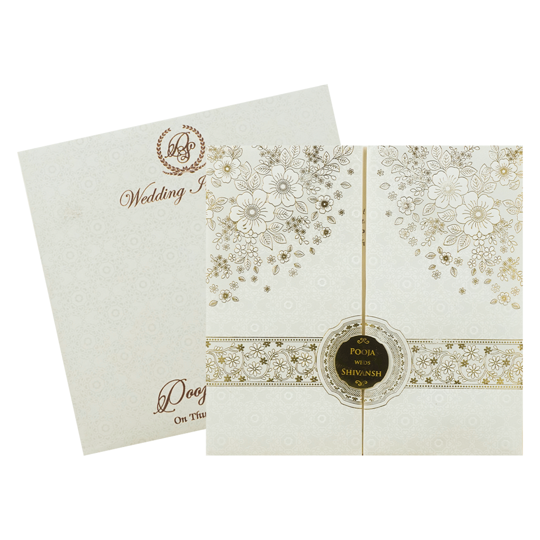 White Floral Embossed Padded Wedding Card-KRE26490