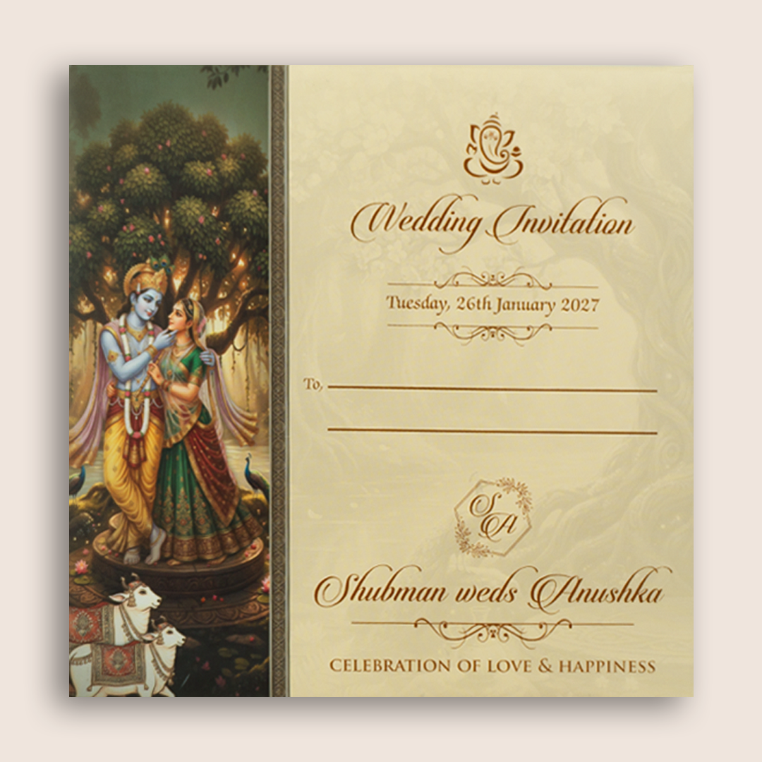 Green Lord Radha Krishna Padded Wedding Invitation - KRB10530