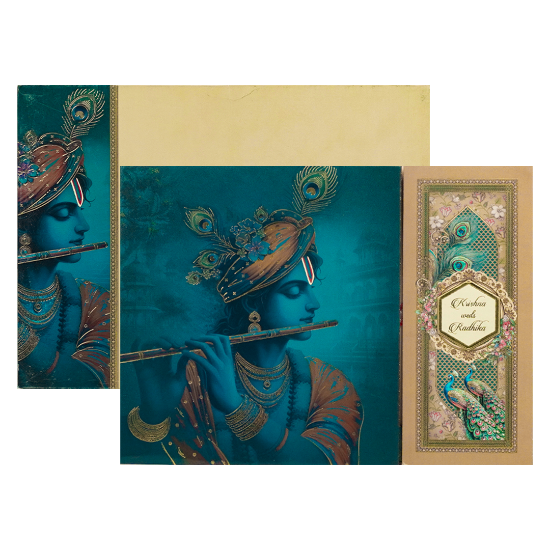 Blue Padded Floral God Wedding Card-KAK01740