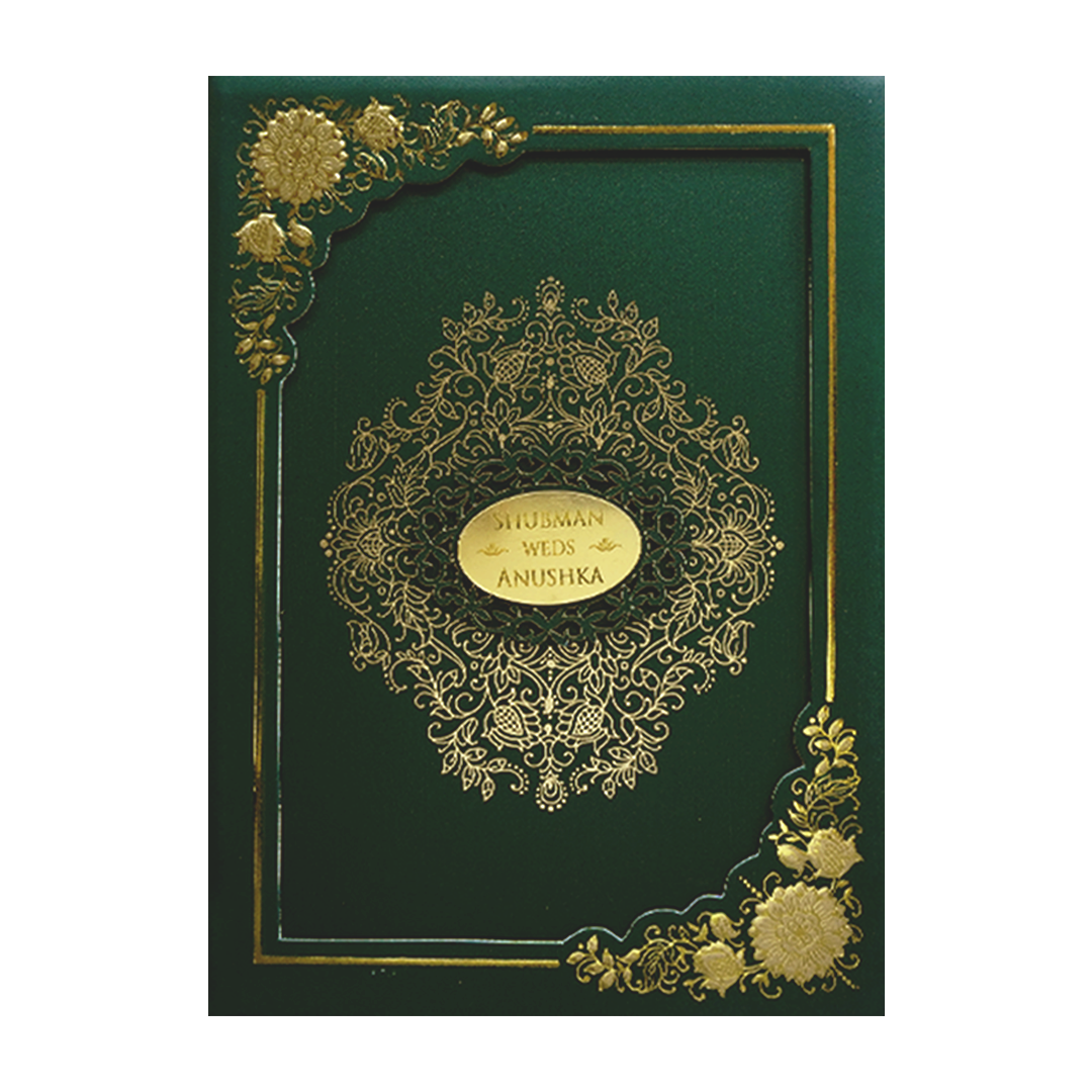 Royal Green Floral Frame Wedding Card-KRB09672
