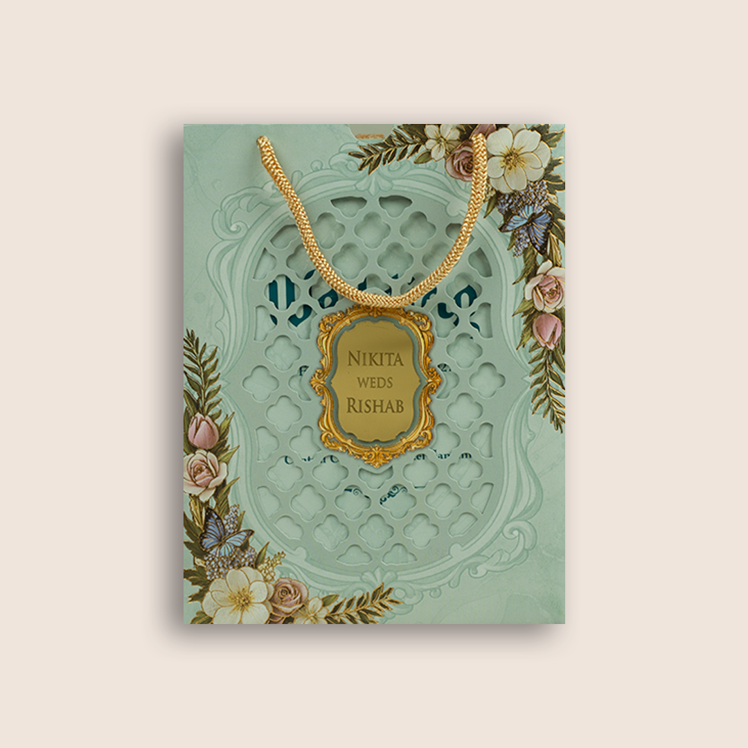 Pastel Green Floral Laser Cut Bag Style Marriage Card - KPR07200