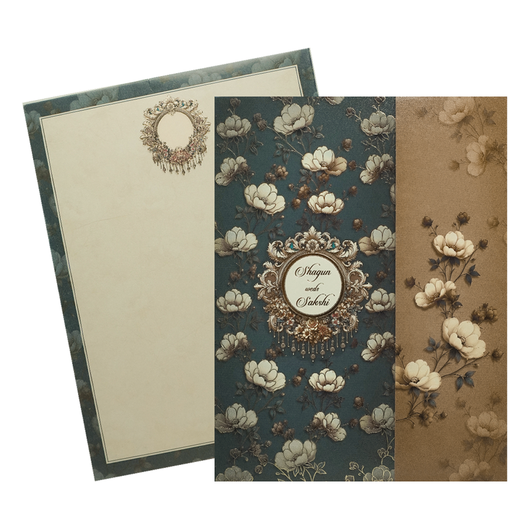 Navy Blue Floral Gatefold Wedding Card-KAK01090