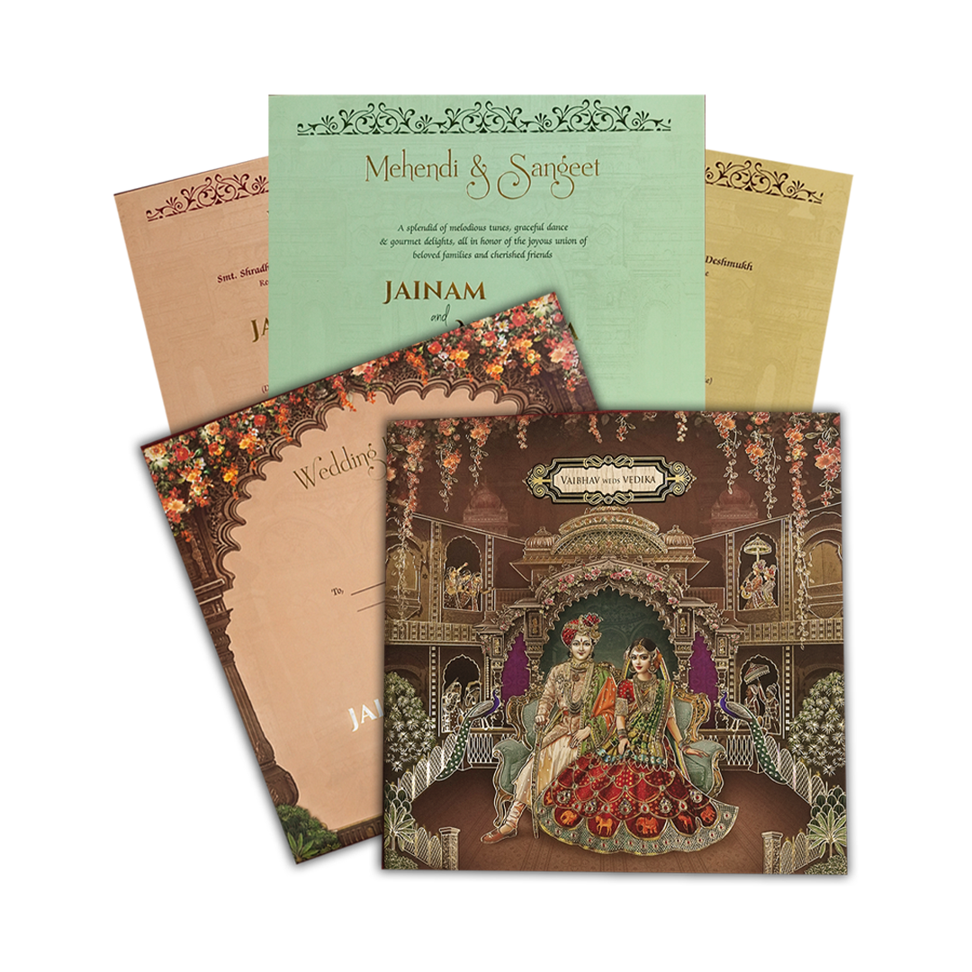 Brown Royal Couple Palace Padded Wedding Card-KSH72630